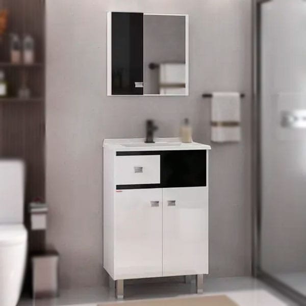 Armário de Banheiro com Espelheira Fabribam 60cm com Pés Preto/Branco — Gabinetes e Cubas | Depósito Roseira